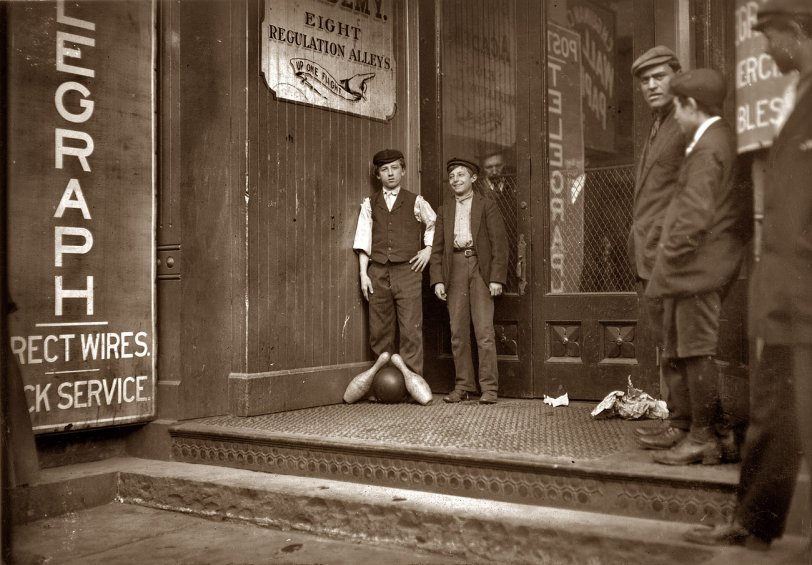March 1909. "Bowling alley boys of New Haven, Connecticut. Many of these work until late at night." View full size. Photo and caption by Lewis Wickes Hine.