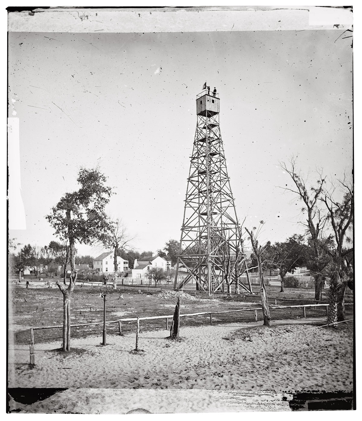 Circa 1864-1865. "Jacksonville, Florida, signal tower." Wet plate glass negative from "photographs of the Federal Navy, and seaborne expeditions against the Atlantic Coast of the Confederacy, specifically of Florida." View full size.
