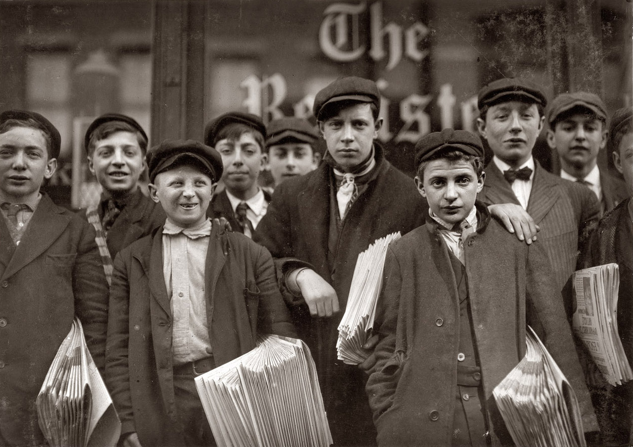 High school route boys for the New Haven Register. New Haven, Connecticut, March 1909. "Adolescents. Some in back row have been newsboys for seven, eight and nine years." View full size. Photograph by Lewis Wickes Hine.