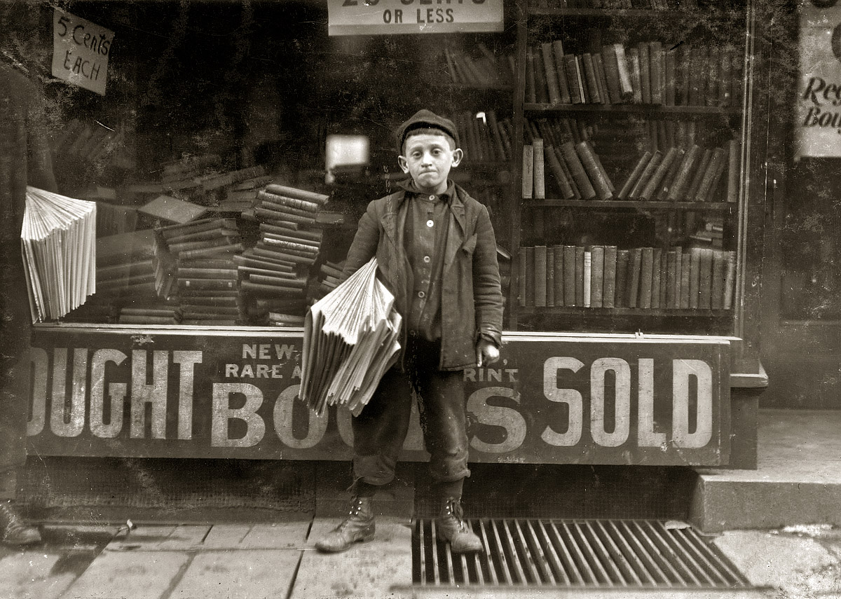 March 1909. New Haven, Connecticut. "12-year-old newsboy, Hyman Alpert, been selling three years. Spends evenings in Boys Club." I bet Hy was a pretty good newsie. Photograph and caption by Lewis Wickes Hine. View full size.