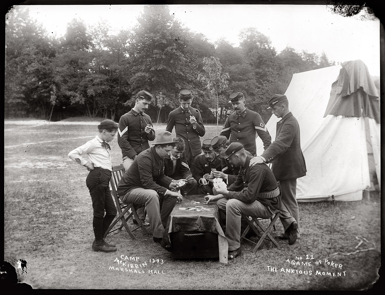 "The Anxious Moment." Poker game at Camp McKibbin, Marshall Hall, Maryland, 1893. With members of the 2nd, 3rd and 6th battalions of the District National Guard. View full size. Photograph by William Cruikshank.