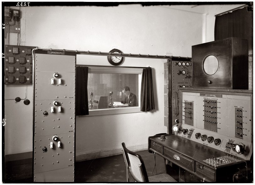 A radio studio control room in British Mandate Palestine between 1936 and 1939. View full size. 5x7 dry plate glass negative, Matson Photo Service.