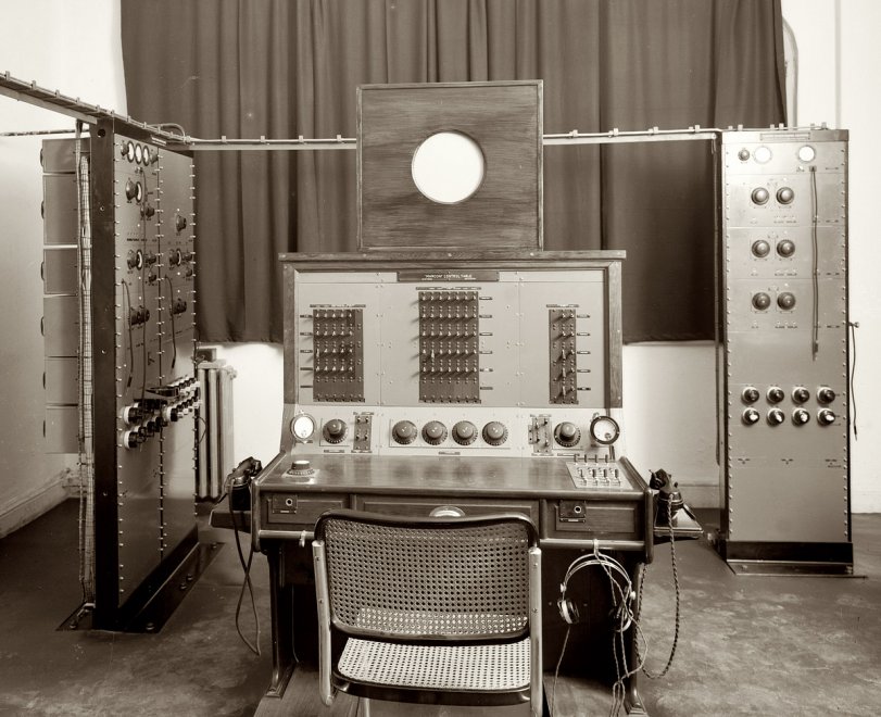 "Marconi Control Table" at a radio station in British Mandate Palestine circa 1939. View full size. | Alternate view. Glass negative from the archives of the Matson Photo Service, which documented the American Colony in Jerusalem.
