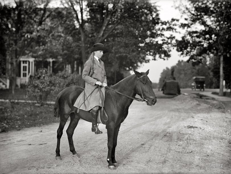 The second of seven 1913 glass negatives from the Harris &amp; Ewing Collection captioned "Louisto Wood." It's Equestrian Tuesday at Shorpy! View full size.
