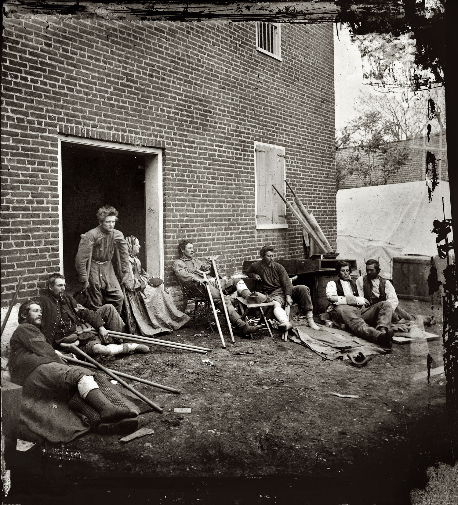 May 1864. "Kearny's men wounded at Fredericksburg." Wet plate glass negative, right half of stereo pair. Photograph by James Gardner. View full size.