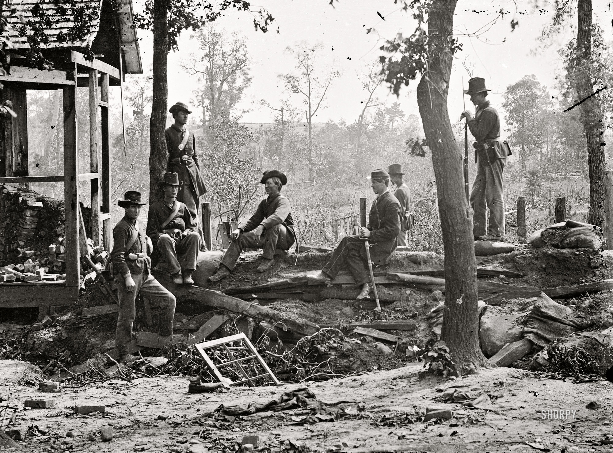 1864. A passel of Yankees in repose. "Federal picket post near Atlanta, Georgia." Wet collodion  glass plate negative by George N. Barnard. View full size.