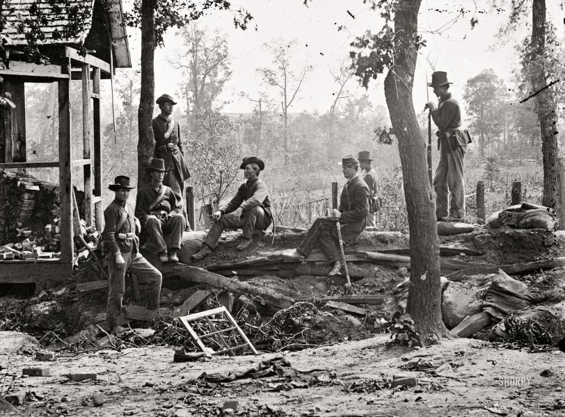 1864. A passel of Yankees in repose. "Federal picket post near Atlanta, Georgia." Wet collodion  glass plate negative by George N. Barnard. View full size.
