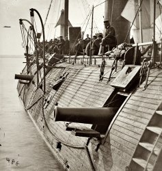 1862. On the James River in Virginia. "Effect of Confederate shot on Federal ironclad Galena." Wet plate glass negative by James F. Gibson. View full size.