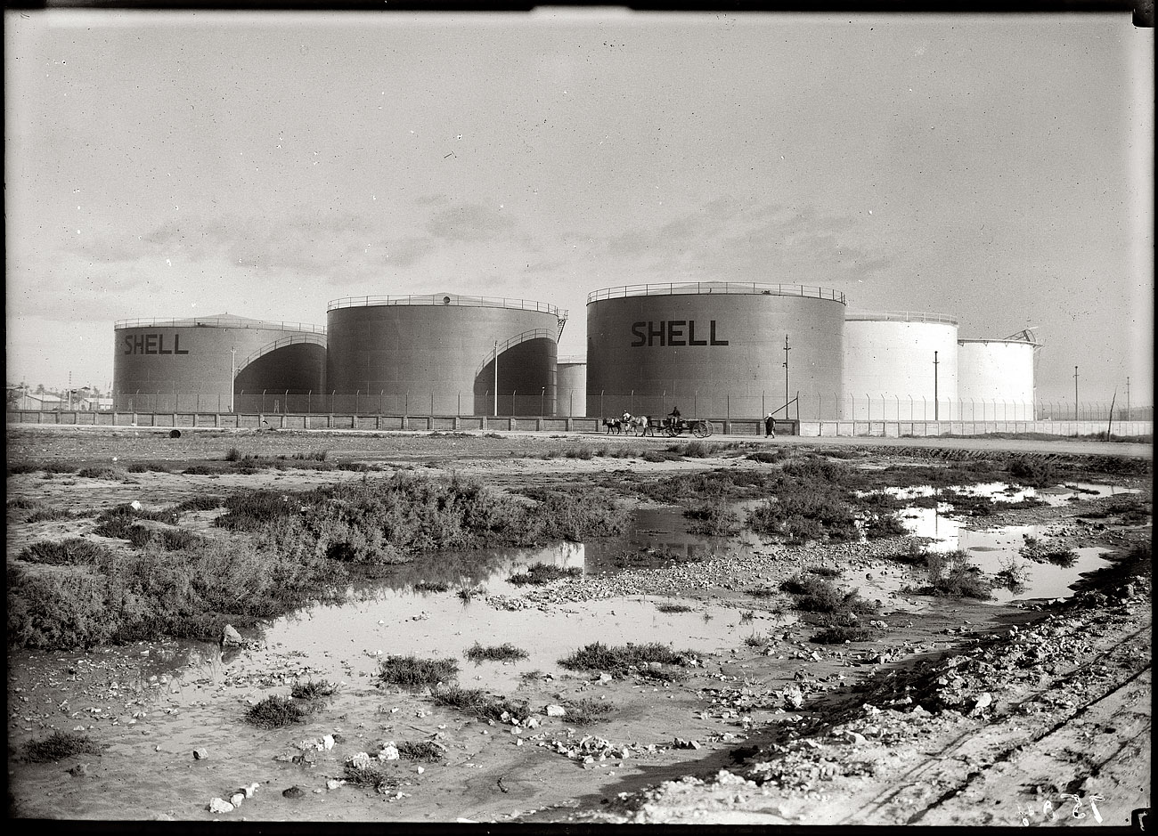 British Mandate Palestine circa 1937. "Shell oil tanks near Haifa close up." 5x7 dry plate glass negative, Matson Photo Service. View full size.