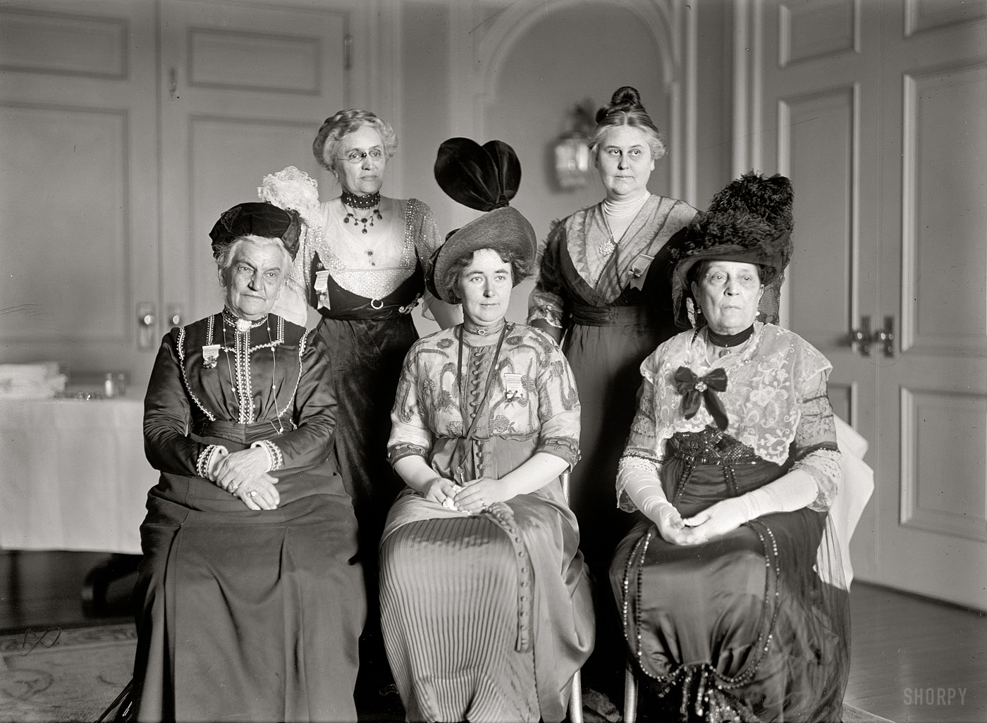 1913. "International Anti-Vivisection Congress. Standing: Mrs. Clinton Pinckney Farrell, Mrs. Florence Pell Waring. Seated: Mrs. Caroline E. White, Miss Louise Lind-af-Hageby, Mrs. Robert G. Ingersoll. The object of the congress is a consistent opposition to all forms of cruelty to animals." View full size.