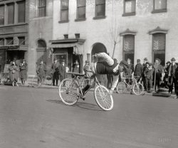 January 29, 1921. Washington, D.C. "Herbert Bell and Joe Garso," a duo of one-legged trick cyclists who were probably war veterans. Which one this is, I'm not sure. National Photo Co. Collection glass negative. View full size.