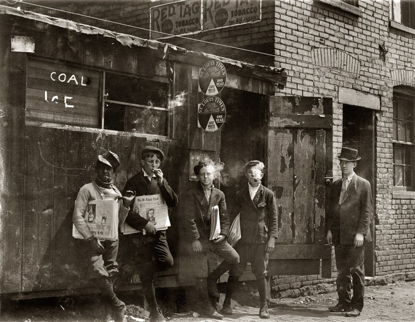 St. Louis, Missouri. "11 a.m. Monday May 9, 1910. Newsies at Skeeter's Branch, Jefferson near Franklin. They were all smoking." Our third visit with this memorable group. Photo and caption by Lewis Wickes Hine. View full size.
