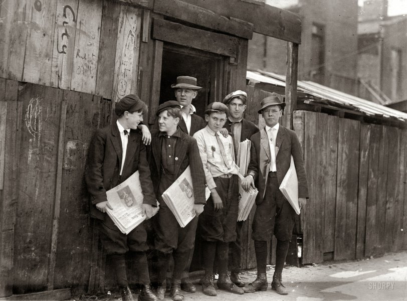 May 5, 1910. St. Louis, Missouri. "Red St. Clair and his pals hanging around Murphy's Branch. 11:00 a.m." Photo by Lewis Wickes Hine. View full size.

