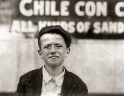 May 9, 1910. St. Louis, Missouri. "Johnnie Burns, a newsie who sells on Grand Avenue. 9 yrs old. Father says he is uncontrollable. Father also said his 4-year-old twins would be selling soon." Photo by Lewis Wickes Hine. View full size.