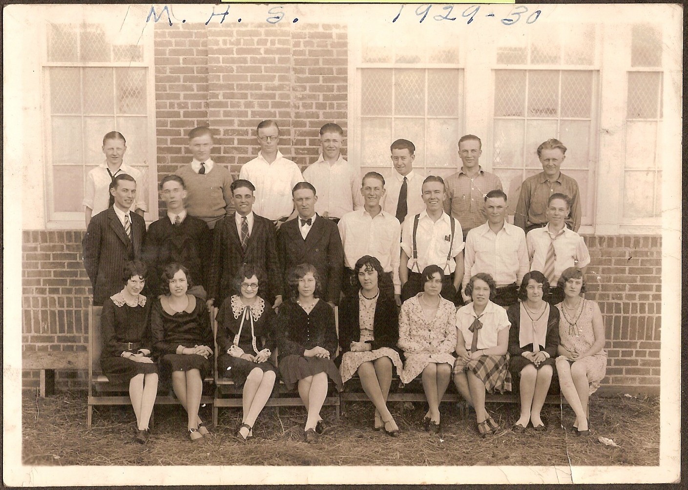 Mullen High School, in Mullen, Nebraska.  Class of 1930.

My grandmother, Bertha (Phillips) Richard, is the 5th from the left in the first row.