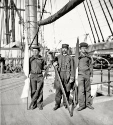 Circa 1865. "Signalmen of Rear Admiral John A. Dahlgren's flagship receiving a message from the Georgia shore." Wet plate glass negative. View full size.