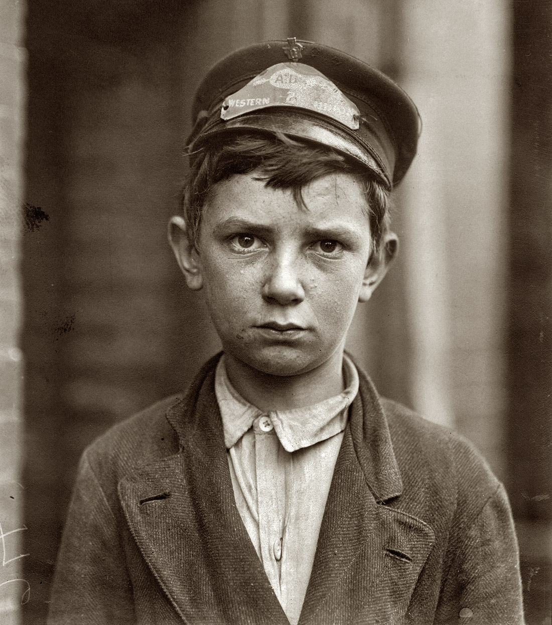 May 1910. Wilmington, Delaware. Richard Pierce, 723 Walnut Street. Fourteen years of age. Western Union Telegraph Messenger No. 2. Nine months in service. Works from 7 a.m. to 6 p.m. Smokes. Visits houses of prostitution. Investigator, Edward F. Brown. View full size. Photo and caption by Lewis Wickes Hine.