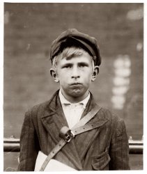 May 1910. Wilmington, Del. "Barney Goldstein, 83 W. 5th Street. 10 years old, selling newspapers 1 year. Average earnings 50 cents per week. Don’t smoke but visits saloons. Works five hours per day." Photo by Lewis Hine. View full size.