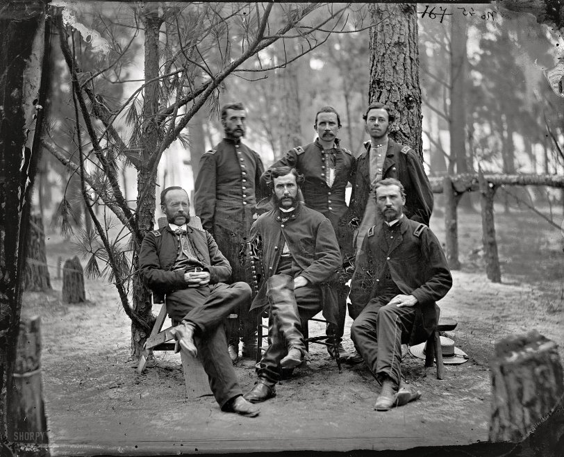 July 1864. "Broadway Landing, Virginia. Surgeons of 4th Division, 9th Army Corps, in front of Petersburg." Main Eastern theater of war, the siege of Petersburg. Wet plate glass negative, photographer unknown. View full size.
