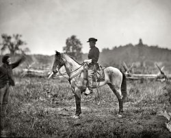 August 1863. "Bealeton, Virginia. Army of the Potomac headquarters. Captain Henry Page, Assistant Quartermaster." Seen here a few weeks ago minus his two-legged friend. Wet plate glass negative. View full size.