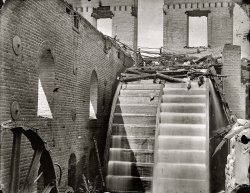 April 1865. Richmond, Virginia. "Ruins of Gallego Mills." A water wheel in the Gallego flour mill on the James River after its destruction in the Great Fire of 1865, which consumed most of the buildings in Richmond's business district. Wet-plate glass negative by Alexander Gardner. View full size.