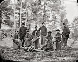 August 1864. "Petersburg, Virginia. Group of Company D, U.S. Engineer Battalion." Wet-plate glass negative, photographer unknown. View full size.