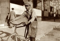 October 1913. Houston, Texas. "Jeff Miller. A young delivery boy for Magnolia Pharmacy. This is especially bad for him as he has recently returned from the Seabrook Reform School where he had spent a year. He would not tell me why he was sent there." View full size. Photograph and caption by Lewis Wickes Hine.