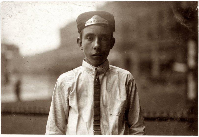 Eugene Dalton, November 1913, Fort Worth, Texas. Some results of messenger and newsboy work. For nine years this 16-year-old boy has been newsboy and messenger for drug stores and telegraph companies. He was recently brought before the Judge of the Juvenile Court for incorrigibility at home. Is now out on parole, and was working again for drug company when he got a job carrying grips in the Union Depot. He is on the job from 6 a.m. to 11 p.m. (17 hours a day) for seven days in the week. His mother and the judge think he uses cocaine, and yet they let him put in these long hours every day. He told me "There ain't a house in 'The Acre' (red-light district) that I ain't been in. At the drug store, all my deliveries were down there." Says he makes $15 to $18 a week. View full size.