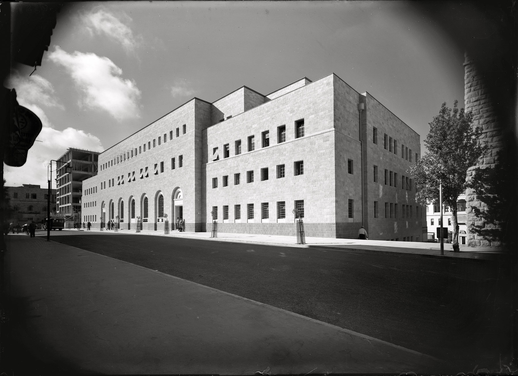 British Mandate Palestine, 1938. "New general post office building in Jerusalem, N.W. corner on Jaffa Road, opened June 17, 1938, by His Excellency." 5x7 dry-plate glass negative, Matson Photo Service. View full size.