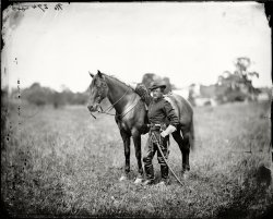 August 1863. Bealeton, Va. "Capt. Henry Page, assistant quartermaster, at Army of Potomac headquarters with horse." Wet plate glass negative. View full size.