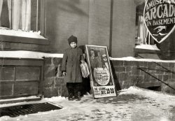 Dec. 17, 1916. Burlington, Vermont. "Morris Levine, 212 Park Street. 11 years old and sells papers every day -- been selling five years. Makes 50 cents Sundays and 30 cents other days." Photograph by Lewis Wickes Hine. View full size.