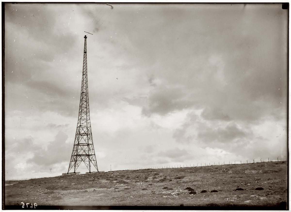 A radio mast in Ramallah, British-Mandate Palestine, sometime around 1939. View full size. 5x7 glass negative, Matson Photo Service. Alternate view.