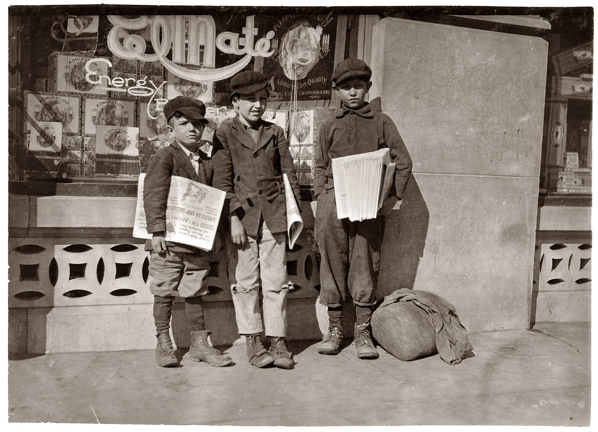 March 14, 1917. Oklahoma City, Oklahoma. "Jack Ryan, 6 years old and Jesse Ryan, 10 years old. Onem Smith, 12 years old and lives at 1506 S. Robinson St. Onem said: 'I never have been in school in my life but I got a pretty good education - sellin' papers'." Photo by Lewis Wickes Hine. View full size.