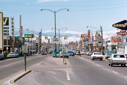 Colfax Avenue in Aurora, Colorado, about 1971. We lived there briefly while my dad was serving in the Air Force at Lowry AFB in Denver. I wish the image was a bit crisper, however, this is remarkable to me mainly for how starkly different it looks today, and how chaotic it looked back in the day. View full size.
Street viewHere's the street view from Google Maps. You can see the marquee for the Fox Theater beyond the intersection (which I believe is Florence St.)

The Swan Song of NeonAs incredible as this looks in the daytime, imagine how it would have looked at night when all of this brilliant neon was illuminated.  Unfortunately, the Arab oil embargo and the anti-"eye pollution" squads ushered in an era where this type of sign proliferation was zoned out of existence.  I for one would loved to have been in the sign business back then, but I was only 6 years old.
RemarkableI live near this neighborhood now. We moved here in 1996. I'm glad I didn't live here in '71! I think the influence of the military base is evident in the older shot.
(ShorpyBlog, Member Gallery)