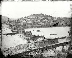 "Harpers Ferry, West Virginia. View of town; confluence of Potomac and Shenandoah rivers; railroad bridge in ruins." Battle of Harpers Ferry, September 1862. Wet plate glass negative by C.O. Bostwick. View full size.
