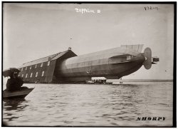 German zeppelin LZ3 entering its shed on the Bodensee. 1908. View full size. George Grantham Bain Collection.