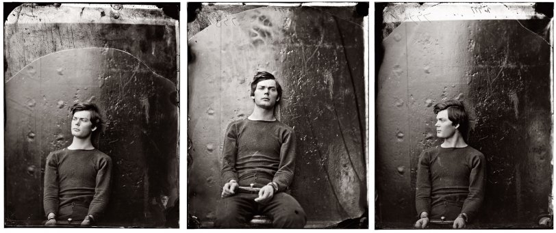 Three views of Lewis Payne (a.k.a. Lewis Powell) in April 1865, three months before his execution by hanging, wearing the same sweater. View full size. Photographs (wet collodion, glass plate) by Alexander Gardner.
