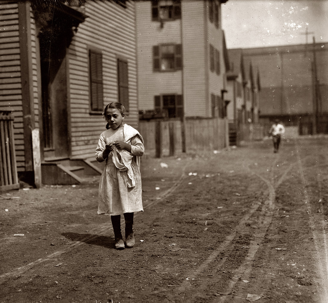August 1912. Tenement home work (piecework for garment makers). "Annie Fedele, 22 Horace Street, Somerville, Massachusetts. This is one of the places she works on crochet." View full size. Photo and caption by Lewis Wickes Hine.