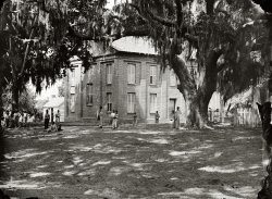 Circa 1862-1865. "Brick church near Frogmore, St. Helena Island, South Carolina." Wet-plate glass negative, photographer unknown. View full size.
