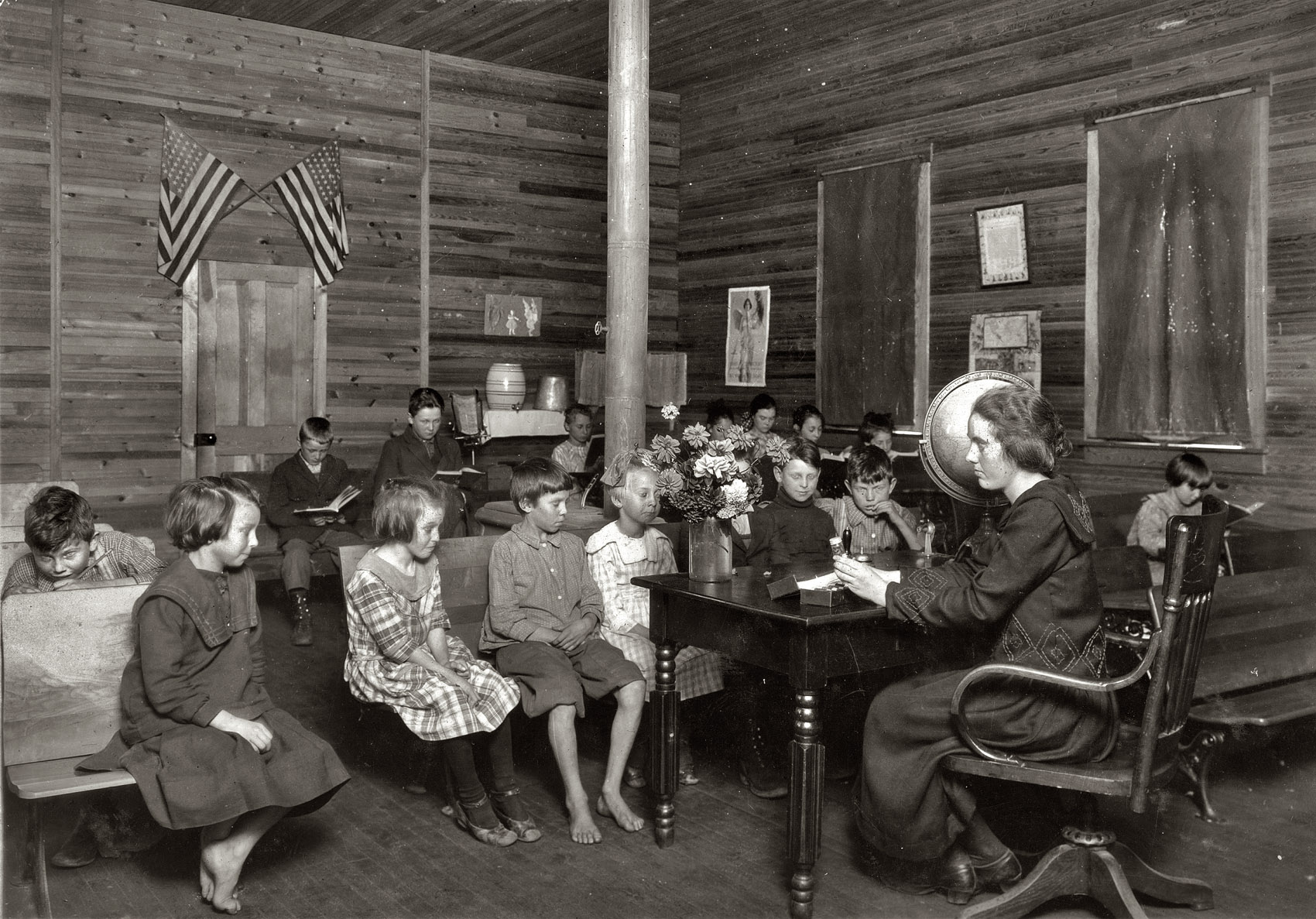 October 7, 1921. "School in Session. Sunset School, Marey, West Virginia. Pocahontas County." View full size. Photograph by Lewis Wickes Hine.