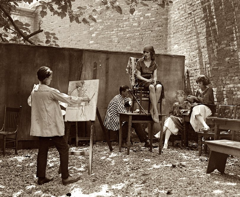 July 15, 1921. Cleon Throckmorton at the easel on the terrace of the Krazy Kat, an establishment described by the Washington Post two years earlier as "something like a Greenwich Village coffeehouse." Scroll down to the comments for more on "Throck," an engineering graduate who made his name designing sets for Eugene O'Neill's plays, and was the first art director for CBS in the early days of television. View full size. National Photo Company Collection.
