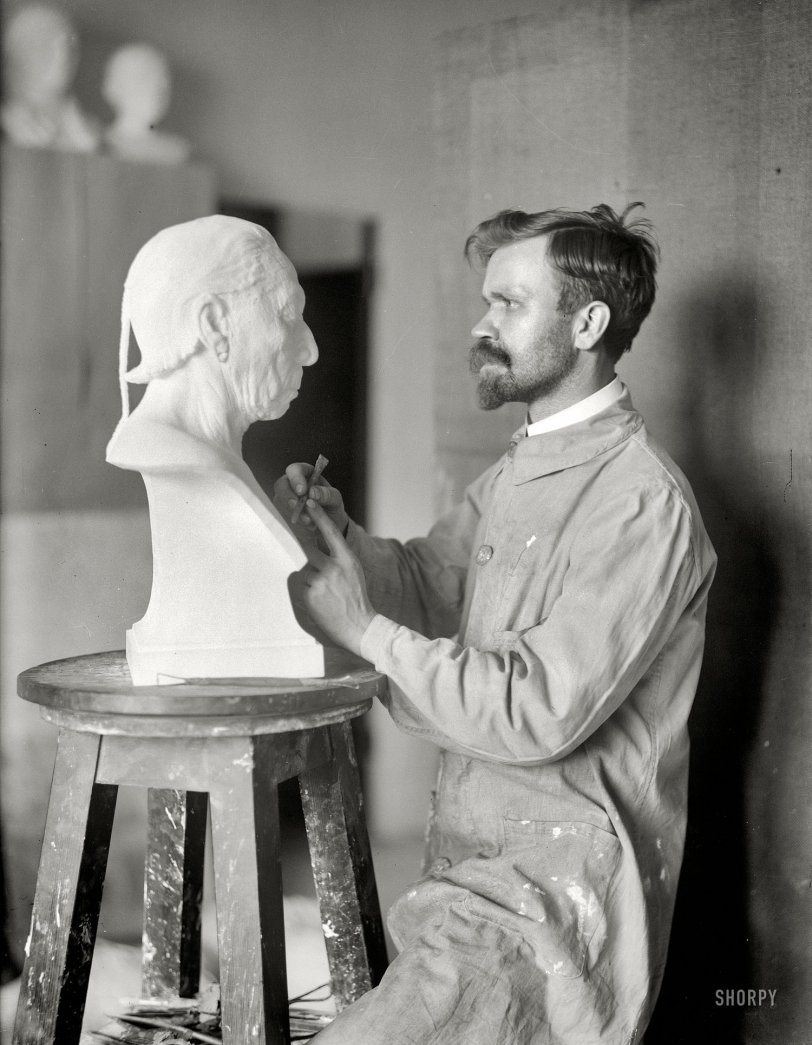 Washington, D.C., 1914. "Frank Mischa, sculptor." Co-star in a sort of meta-diorama. Harris &amp; Ewing Collection glass negative. View full size.
