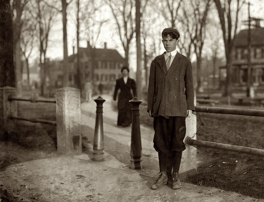 October 1911. South Framingham, Massachusetts. Joseph Frank Nugent, 22 Howard Street, works in Department 8A of Dennison Factory; makes paper boxes. "I nip the covers." "One year there, 'bout time for a raise." View full size. Photo and caption by Lewis Wickes Hine. This reminds me of a painting by Magritte.