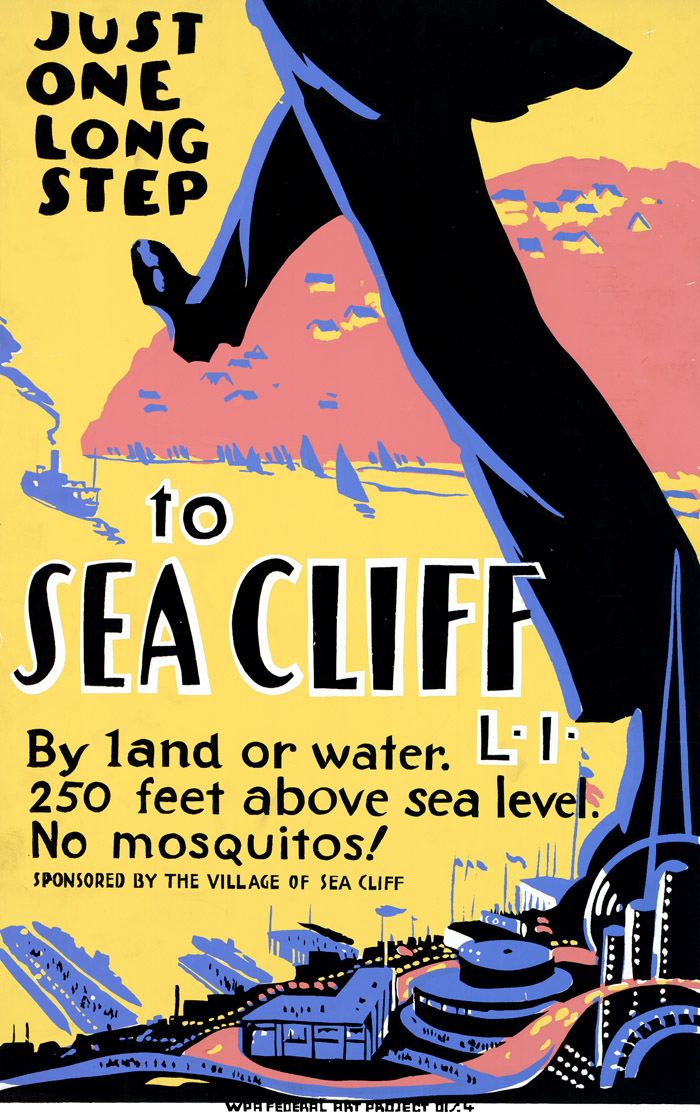 A 1939 Works Progress Administration/Federal Art Project silkscreen poster promoting Sea Cliff, Long Island. View full size. Now a fine-art print.