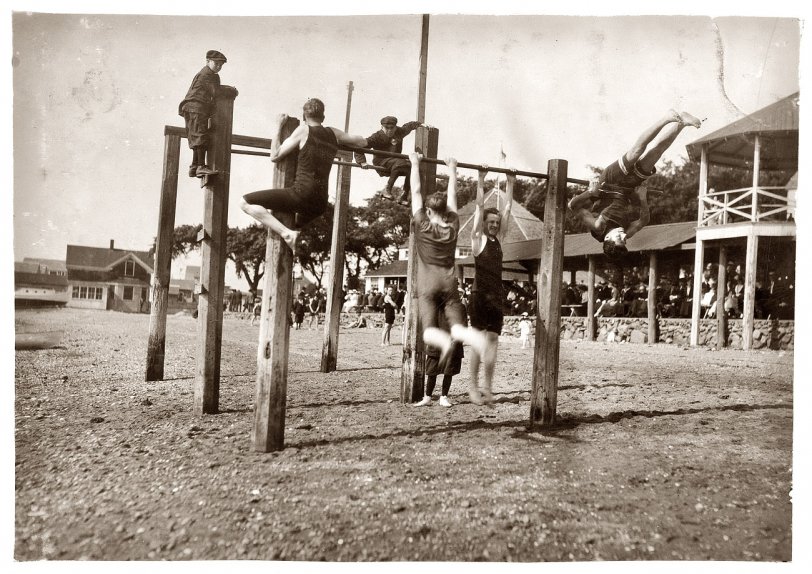 Photo of: Horseplay: 1916 -- Mill boys showing off at Sandy Beach. June 1916. Fall River, Massachusetts. View full size. Photo by Lewis Wickes Hine. What else are these boys up to? Read on.