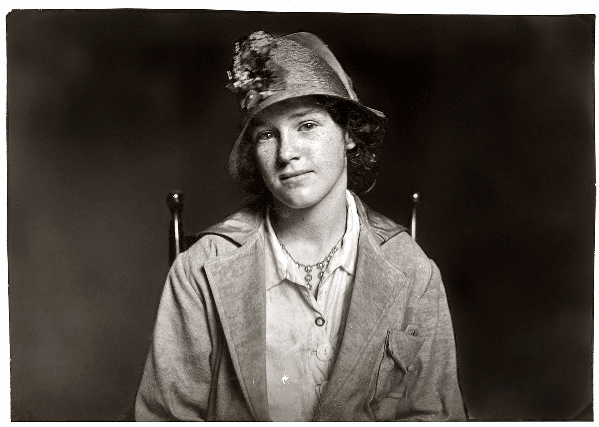 Evelyn Casey, 129 Gaynore Street. Age fourteen years, six months - Irish. Went to work on 14th birthday cleaning harnesses in Borden Mills. Left because of no work and expects to learn weaving in Flint mill with a girl friend. Location: Fall River, Massachusetts. June 17, 1916. View full size. Photograph by Lewis Wickes Hine.
