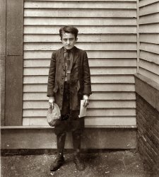 June 19, 1916. Fall River, Mass. Louis Pelissier, 29 Eighth Street, 16 years old (May 16, 1916). Applicant 2nd grade - deficient mentality. Doesn't know name of place where he is going to work. Made it out for Small's mill, they weren't sure. Had been a sweeper but work was too hard for him. Didn't know how much he was to get. (Miss Smith to see what kind of card he got.) Worked at Union Mill, $3.27, as a sweeper. View full size. Photo and caption by Lewis Wickes Hine.
Louis date of birthI think we have a typo, DOB probably May 16, 1900. I assume he was paid $3.27 per week. How did Hine find these people?
[Oops. Fixed. Actually I think he is saying Louis turned 16 on May 16, 1916; I should not have added the word "born." But yes, 1900 is when he would have been born. From what I gather reading Hine's caption notes, he traveled from town to town to various factories looking for working kids. Many places had signs outside saying BOYS WANTED. He spent 16 years doing this (1908-1924), taking thousands of photographs with a gigantic view camera that must have weighed around a hundred pounds. - Dave]
Lewis HineAbout a year ago I read a book titled "Empire Rising" by Thomas Kelly. It is a novel taking place around 1930 about the construction of the Empire State Building. Hine was the "official" photographer for the building, I suppose, hired by the corporation that built it. He is referred to often in the book. The copy I have (a full size paperback) has a picture on the cover of the building under construction in 1931, an amazing shot of a worker standing high up on the superstructure apparently sending a signal by pointing at someone below. The description of the photo on the back cover of the book describes it as "ATOP EMPIRE STATE - in construction: CHRYSLER BUILDING &amp; (DAILY) NEWS IN MIDDLE FOREGROUND." I can plainly see the Chrysler Building, but they must have cropped the News building out of the shot. The picture is in the collection of the NY Public Library, which is not too far from where I live, and I think I'll walk over and see if I can see the original. I don't know if you have access to it, but it it's a natural for Shorpy.
Mel Tillman (Mr Mel).
(The Gallery, Kids, Lewis Hine)