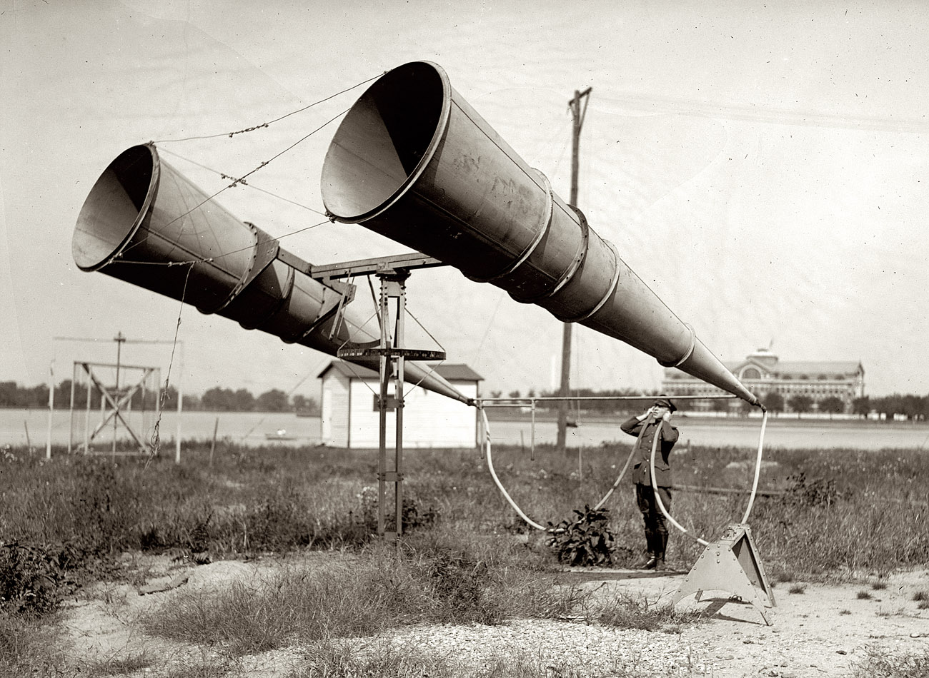 "Amplifiers at Bolling Field, 1921." Two giant horns with ear tubes, evidently designed to listen for approaching aircraft. View full size. National Photo Co.