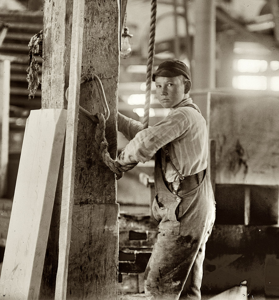 September 1910. Boy running a hoist at Vermont Marble Company in Center Rutland. View full size. Photograph by Lewis Wickes Hine.