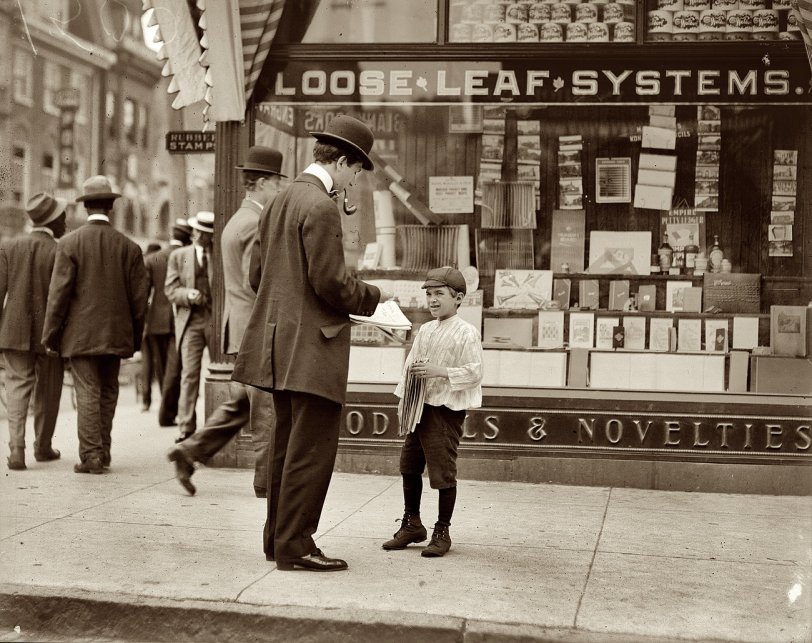 May 1910. Wilmington, Delaware. "James Lequlla, newsboy, age 12. Selling newspapers 3 years. Average earnings 50 cents per week. Selling newspapers own choice. Earnings not needed at home. Don't smoke. Visits saloons. Works 7 hours per day." Photograph and caption by Lewis Wickes Hine. View full size.
